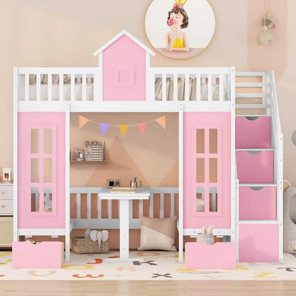 Twin-Over-Twin Bunk Bed with Changeable Table, Bunk Bed Turn into Upper Bed and Down Desk with 2-Drawers, Pink