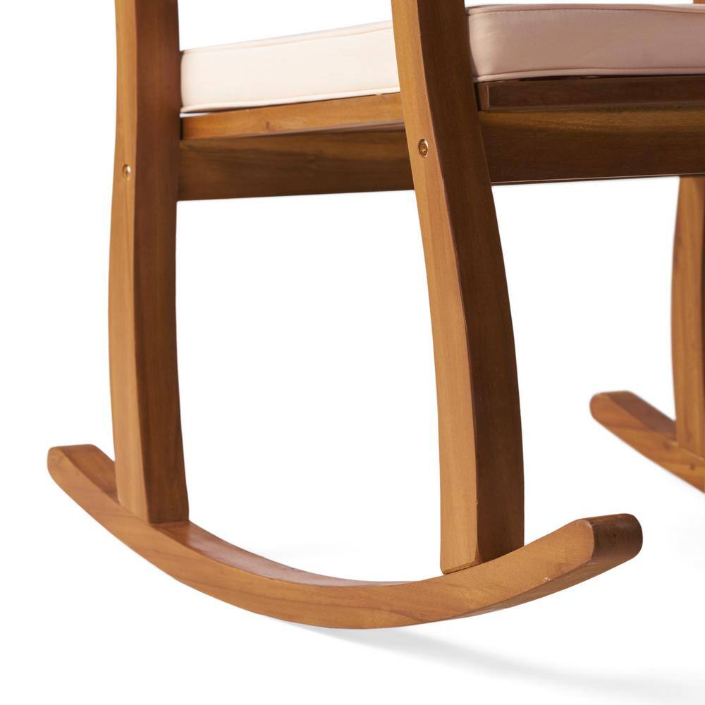 Teak Finish Acacia Wood Rocking Chair with Cream Cushion