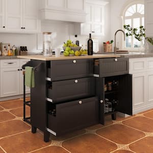 Black Wood 50 in. Drop Leaf Rubber Tabletop Kitchen Island with 2-High Quality Stools