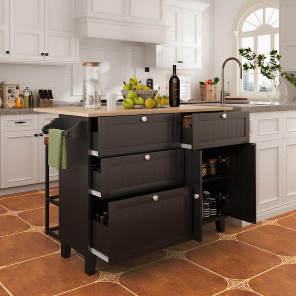 FAMYYT Black Wood 50 in. Drop Leaf Rubber Tabletop Kitchen Island with 2-High Quality Stools