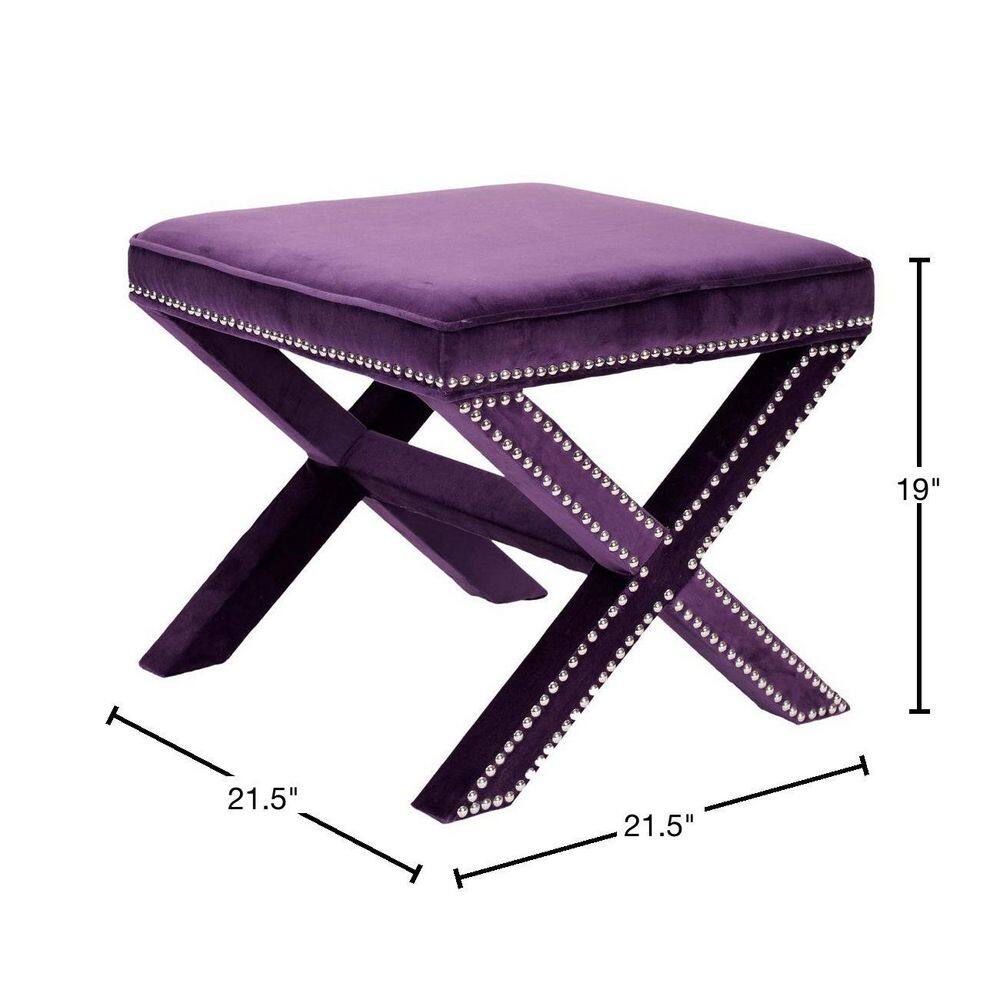 Transitional Plum Velvet 22" Ottoman with Silver Nail Head Trim