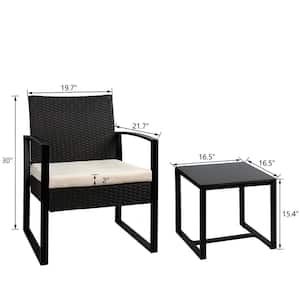 Black 3-Piece Patio Sets Steel Outdoor Wicker Patio Furniture Sets Outdoor Bistro Set with White Cushion