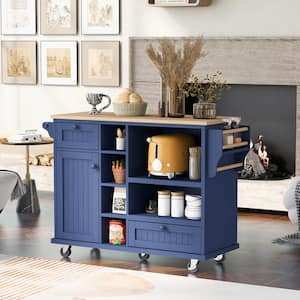 Dark Blue Kitchen Island Cart Wood Desktop Storage Cabinet and 2-Locking Wheels with Towel Holder