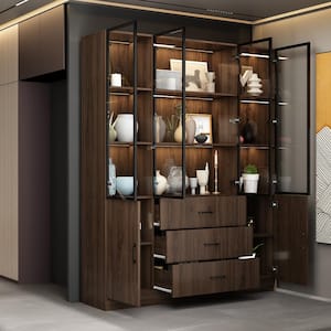 78.7 in. Tall Brown Wood 13-Shelf Standard Bookcase with Pop up Glass Doors, LED Lights, Drawers, Adjustable Shelves