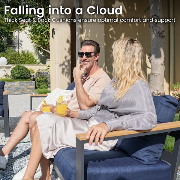 5-Piece Aluminum Patio Conversation Set with 51 in. Fire Pit Table and 7-Seat with Navy Cushions