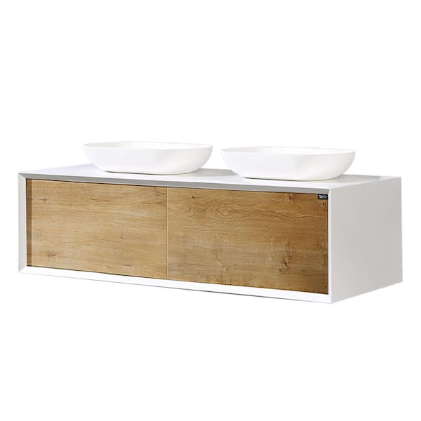 55 in. W x 22 in. D x 16 in. H Wall-Mounted Bath Vanity in White Oak with Matt White Solid Surface Top