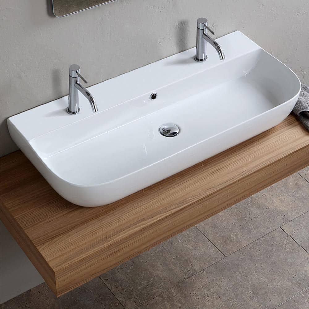 Glossy White Ceramic Wall-Mount Rectangular Bathroom Sink