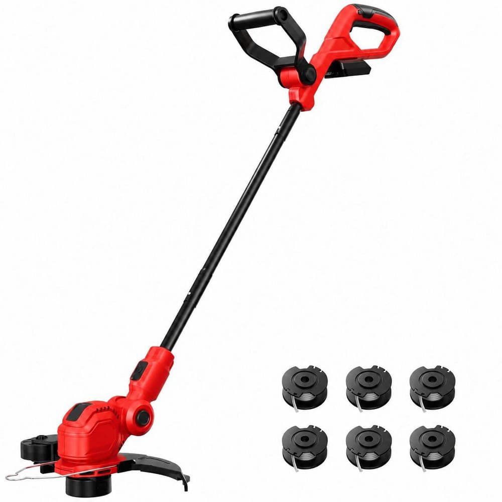 12 Inch Electric Cordless String Trimmer Grass Weed Wacker Dual-Action Line Feed Adjustable Handle Red Tool Only