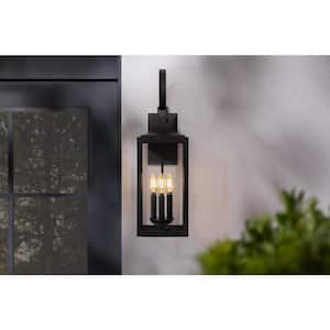 Havenridge 23.2 in. 3-Light Matte Black Hardwired Outdoor Wall Light Lantern Sconce with Clear Glass (1-Pack)