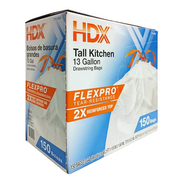 HDX FlexPro 13 Gallon Reinforced Top Drawstring Kitchen Trash Bags  (150-Count) HD13XHF150W - The Home Depot