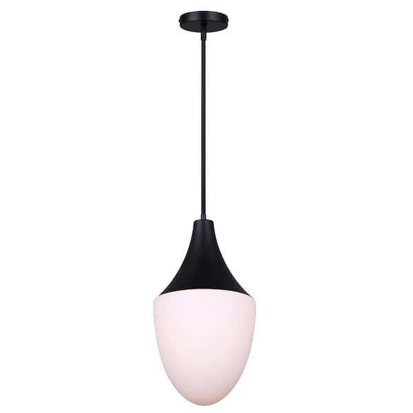 CANARM Evlin 60-Watt 1-Light Matte Black Modern Pendant Light with White Glass Shade
