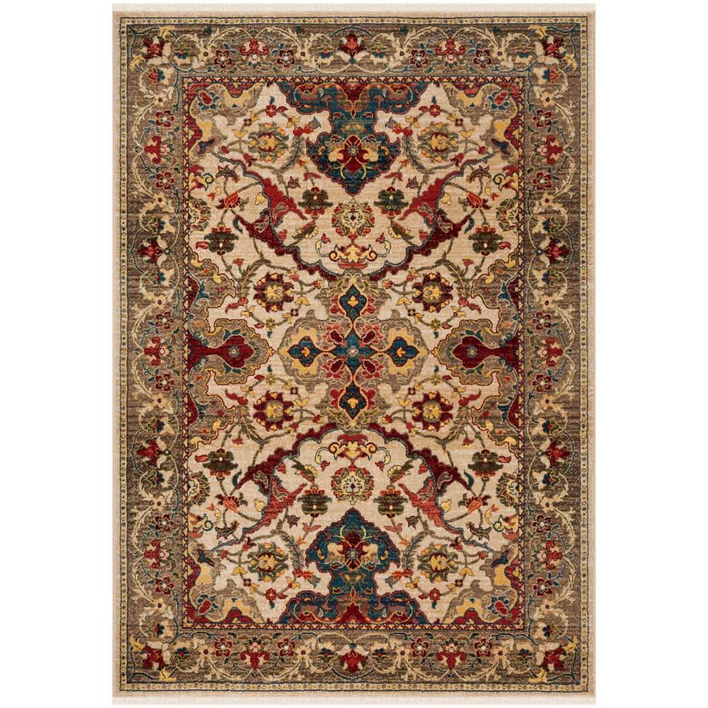 Ivory and Taupe Floral Synthetic Low Pile Area Rug