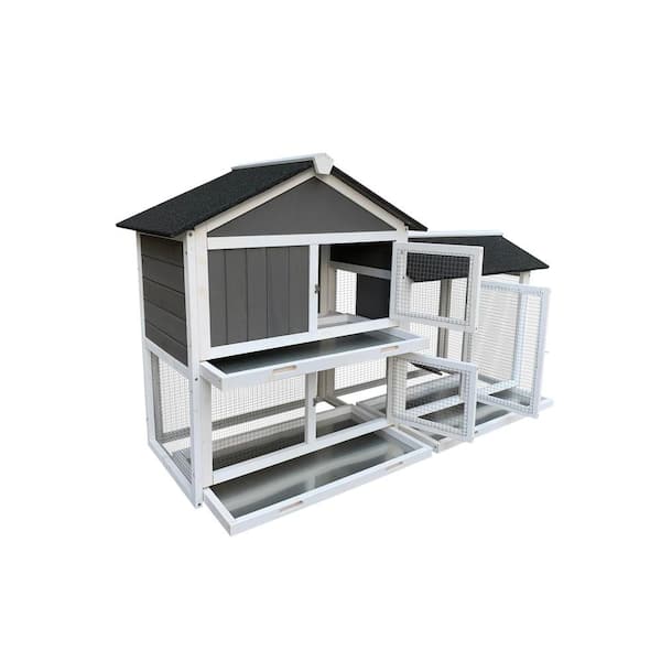 Runesay 61 in. W Market Removable Tray Ramp Wooden Outdoor Rabbit Hutch with Running Cage
