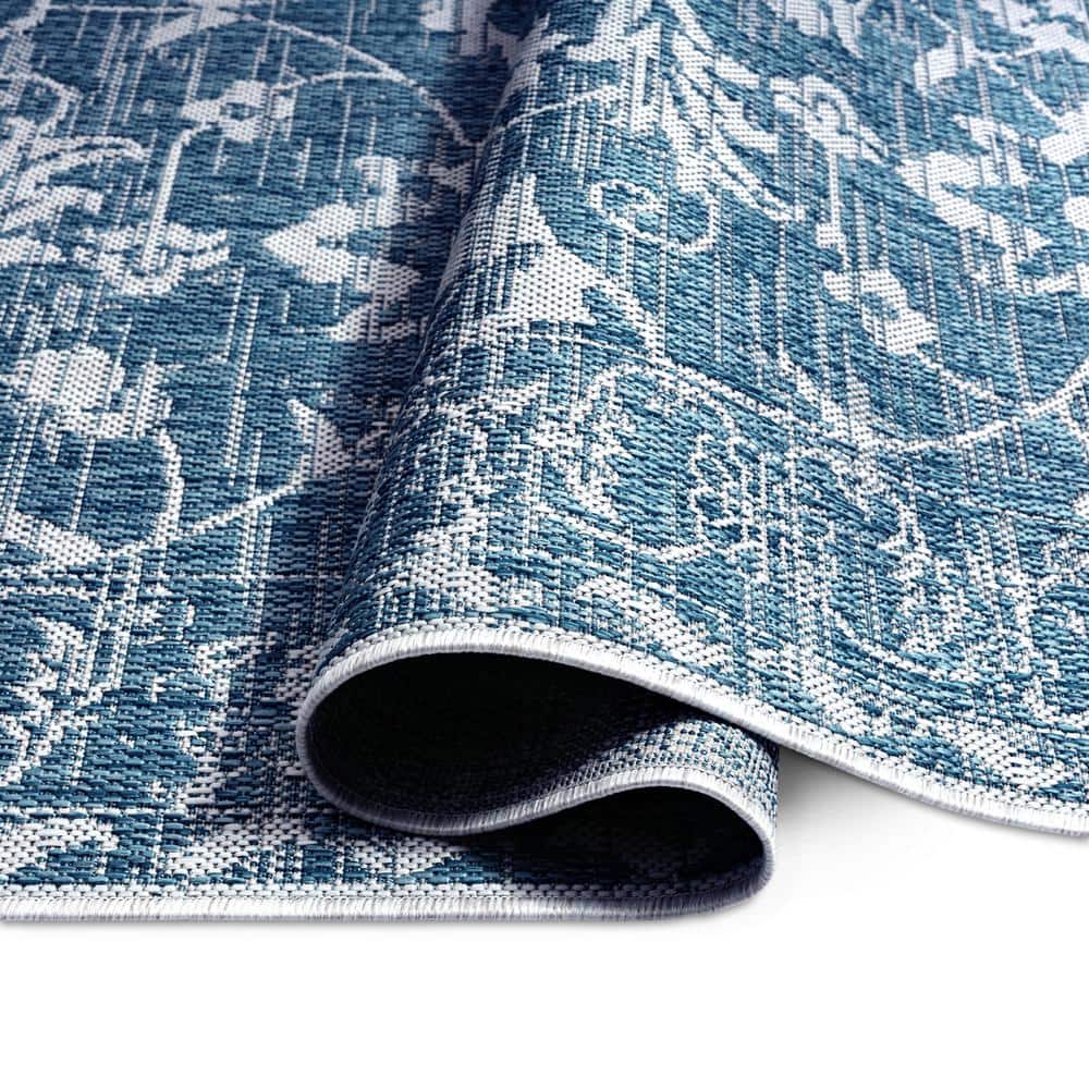 Aqua Blue Floral Damask Indoor/Outdoor Area Rug