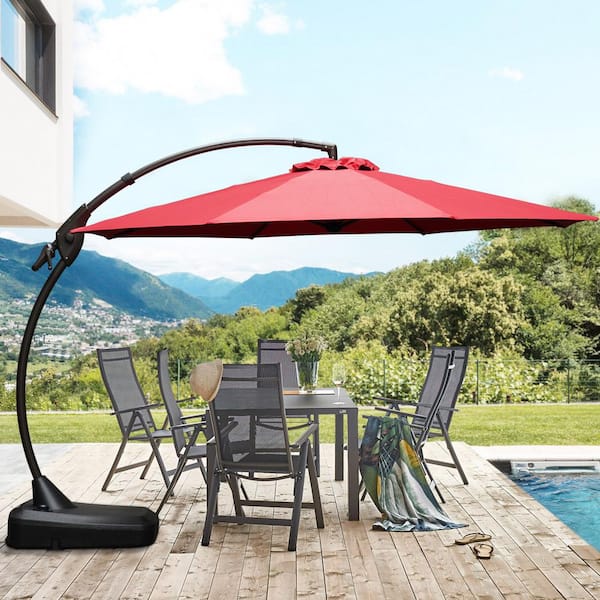 12 ft. Aluminum Pole Octagon Cantilever Patio Umbrella Fade Resistant and UV Protected with Base in Red