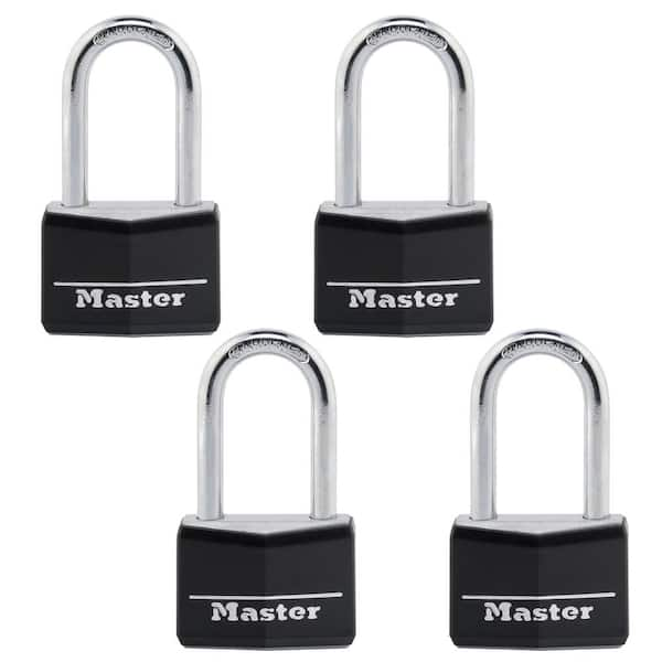 Master Lock Lock with Key, 1-9/16 in. Wide, 1-1/2 in. Shackle, 4 Pack