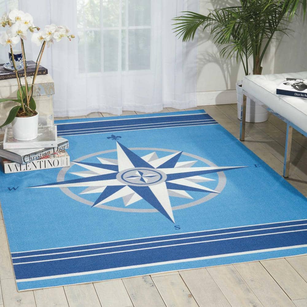 Blue Compass-Themed 10' x 13' Stain-Resistant Outdoor Rug