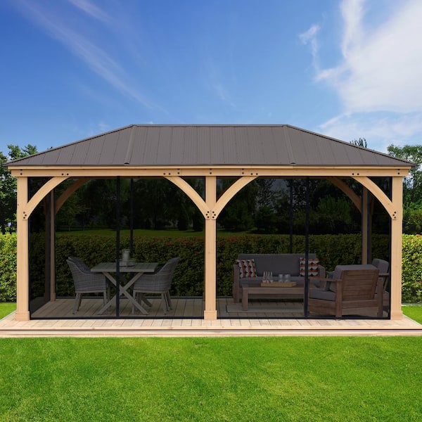 Meridian 12 ft. x 20 ft. Premium Cedar Shade Gazebo with Coffee Brown Aluminum Roof and UV Resistant Phifer Mesh Kit