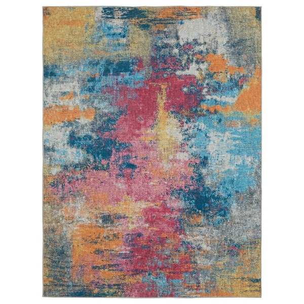 4' X 6' Blue Yellow And Red Abstract Distressed Area Rug