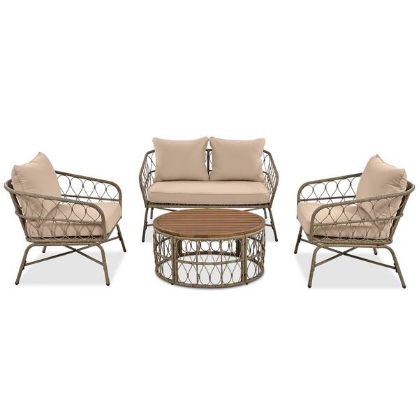 Runesay Bohemia-inspired 4-Person Wicker Outdoor Patio Conversation Set With Beige Cushions, Wood Tabletop