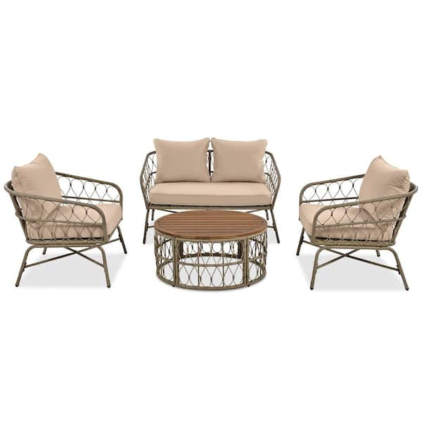 Runesay Bohemia-inspired 4-Person Wicker Outdoor Patio Conversation Set With Beige Cushions, Wood Tabletop