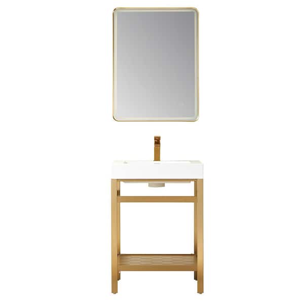 ROSWELL Ablitas 24 in. W x 20 in. D x 34 in. H Single Sink Bath Vanity in Brushed Gold with White Composite Stone Top and Mirror