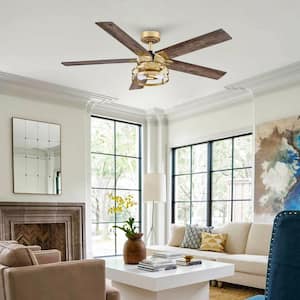 52 in. Indoors Downrod Mount Gold Ceiling Fan with Remote Control and Light Kit