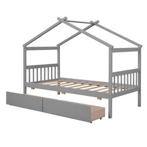 House-Shaped Gray Twin Bed with Drawer Wooden Twin House Bed for Kids Platform Bed Frame With Headboard and Storage