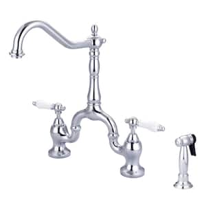 Carlton Two Handle Bridge Kitchen Faucet with Porcelain Lever Handles in Polished Chrome