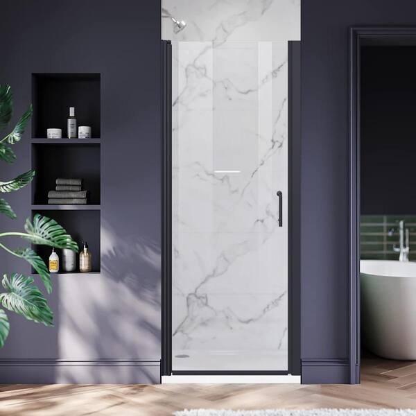 ANGELES HOME 30-31 3/8 in. W x 72 in. H Pivot Semi-Frameless Shower Door in Black Swing Corner Shower Panel with Clear Glass, Handle