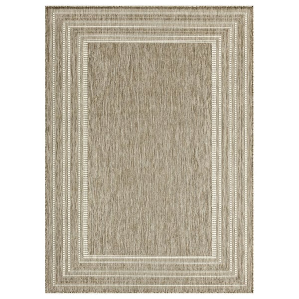 Nicole Miller Patio Country Layla Taupe/Cream 8 ft. x 10 ft. Modern Border Indoor/Outdoor Area Rug