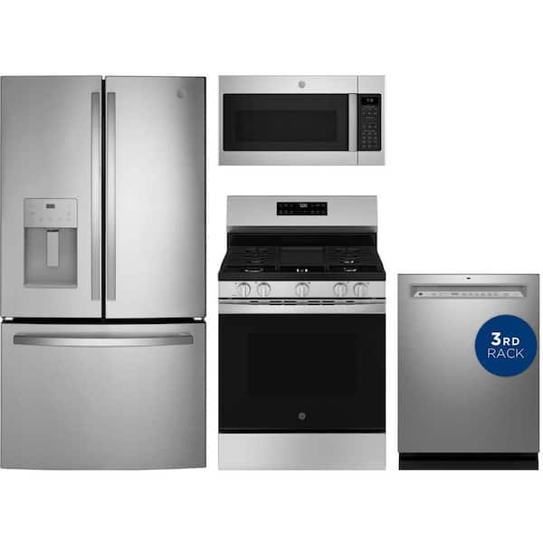 20.6 cu. ft. Counter Depth Refrigerator with 5 Burner Freestanding Gas Range and Dishwasher with 3rd Rack