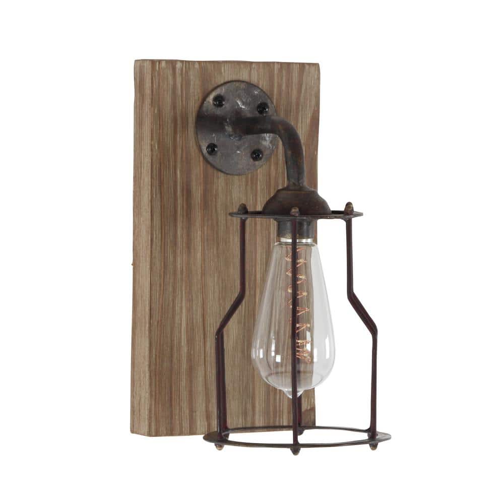 Industrial Brown Iron and Wood Battery Operated Wall Sconce