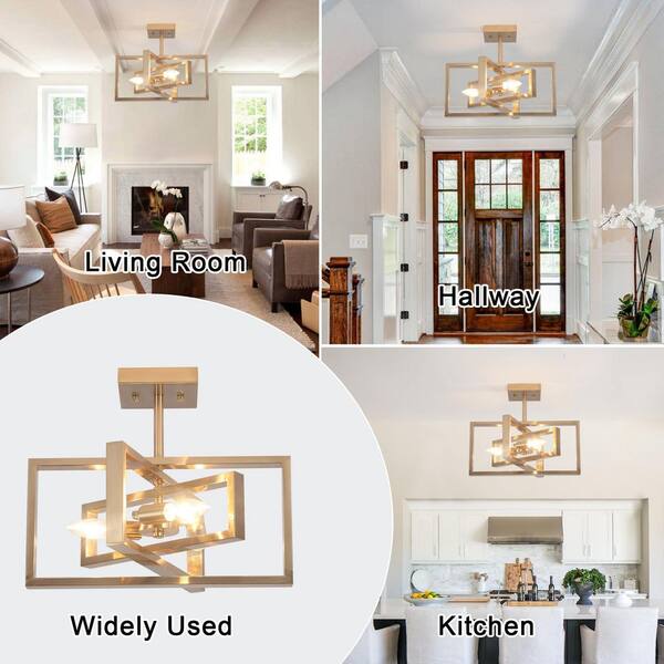 ADSENSTY 15.8 in. 3-Light Brass Farmhouse Rectangle Semi Flush