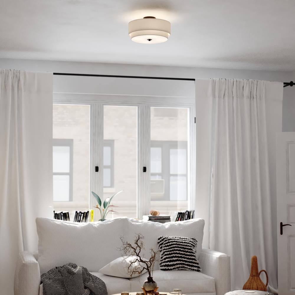 Burnaby 16" Black and White Linen Drum Semi Flush Mount Ceiling Light