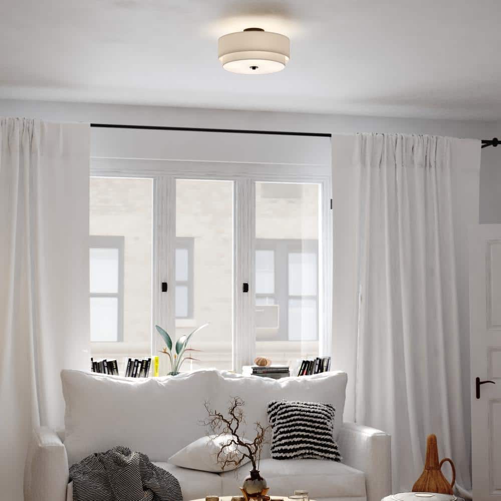 Burnaby 16" Black and White Linen Drum Semi Flush Mount Ceiling Light