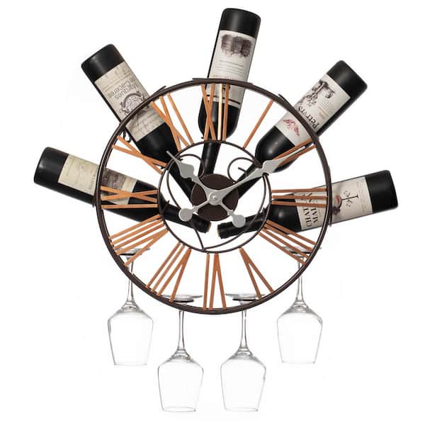 Wall-Mounted Clock Design Wine Holder with Stemware Rack - Unique Shelf