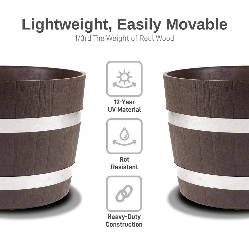 24" Brown Recycled Plastic Barrel Planters with Steel Bands, 2 Pack