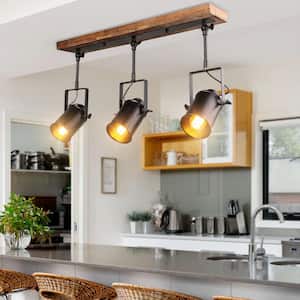 Modern Farmhouse Black/Pine Wood Track Lighting for Living Room Kitchen, Gimbal 2 ft. 3-Light Linear Ceiling Spotlights