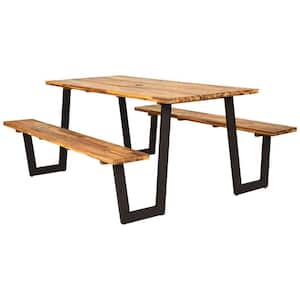 Patented Picnic Table Bench Set Outdoor Camping Wooden 2 Built-In Benches with Umbrella Hole