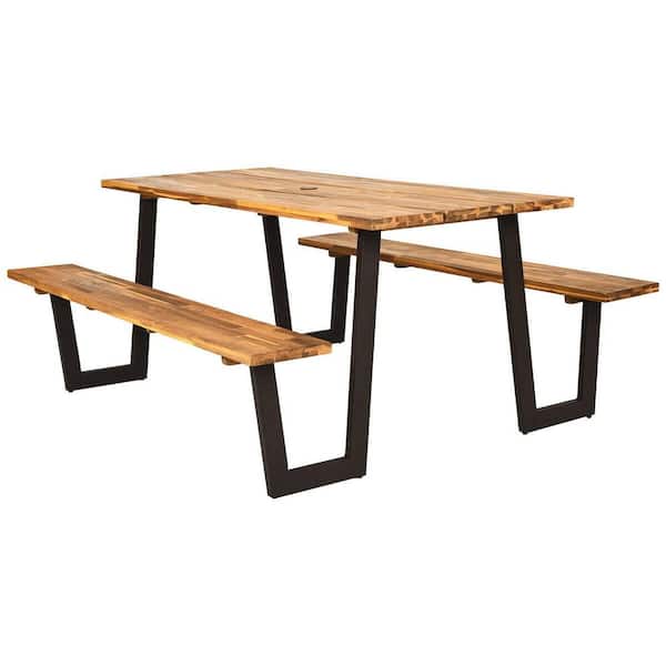 Gymax Patented Picnic Table Bench Set Outdoor Camping Wooden 2 Built-In Benches with Umbrella Hole