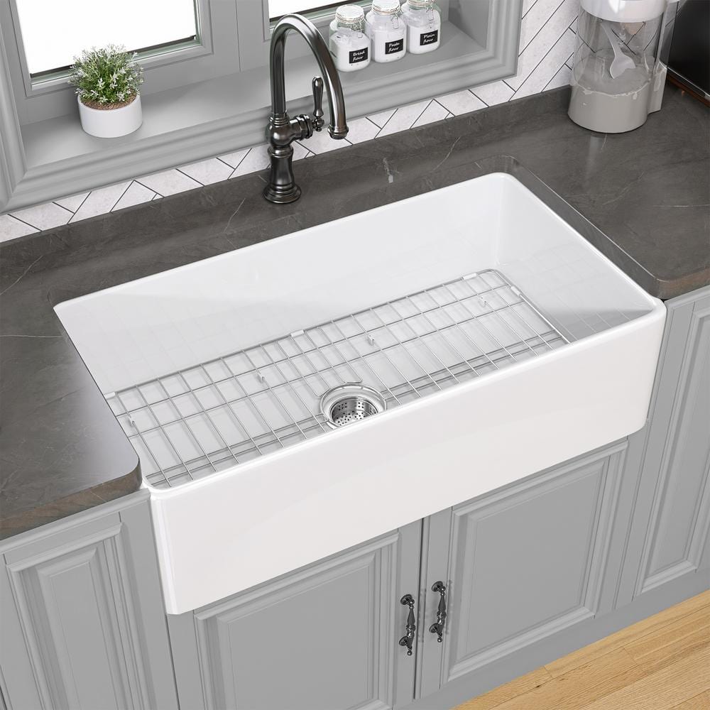White Fireclay Single Bowl Farmhouse Kitchen Sink with Grid