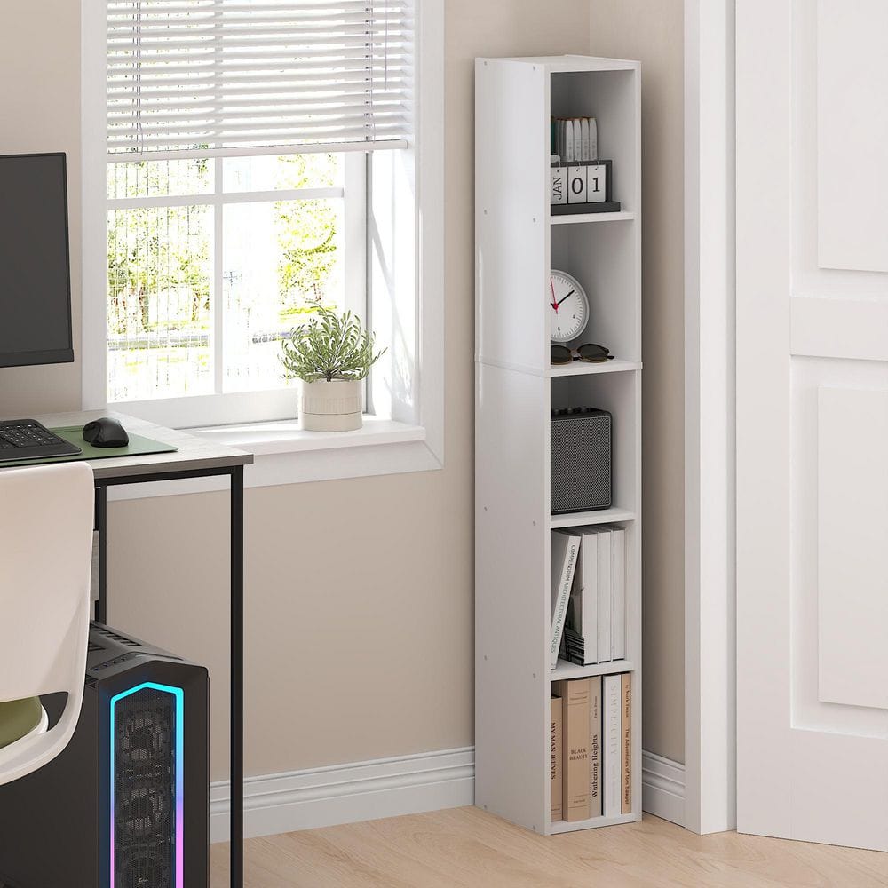 Fulda 51.9 in. Tall White Wood 5-Shelf Bookcase with 8-In Width Narrow Storage Shelf