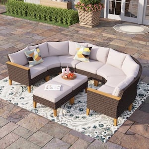 Brown Rattan Wicker 9 Seat 9-Piece Steel Patio Outdoor Sectional Set with Beige Cushions