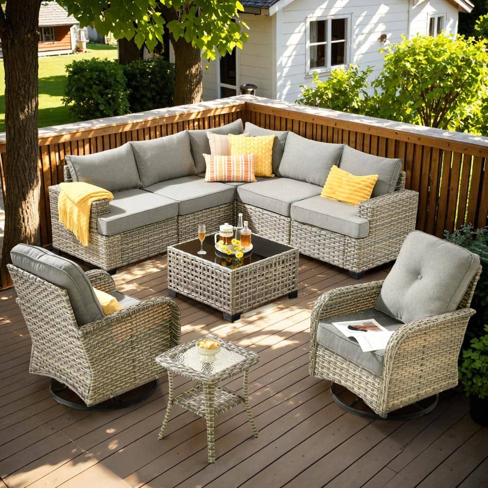 Vinceny Gray 9-Piece Wicker Patio Conversation Seating Set with Dark Gray Cushions and Swivel Chairs price history on PriceWatchPro