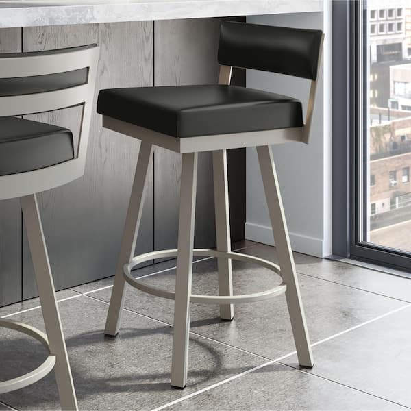 Amisco Travis 26 in. Black Faux Leather / Matt Light Grey Metal Swivel Counter Stool