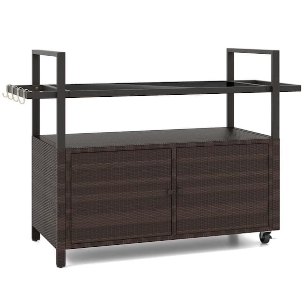 Costway Metal Outdoor Bar Cart with Tempered Glass Top Storage Cabinet & 8 Hooks for Porch Brown