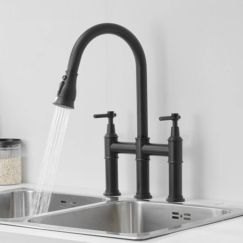 Matte Black Dual Handle Pull Down Kitchen Faucet