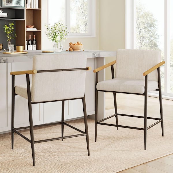 Bianca Beige Upholstered Fabric Mid-Century Modern Counter Stools with Espresso Metal Frame, Armrests (Set of 2)