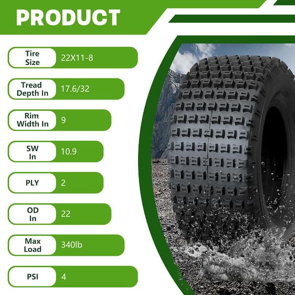 Hi-Run Knobby 5 PSI 22 in. x 11-8 in. 2-Ply ATV Tire WD1062 - The